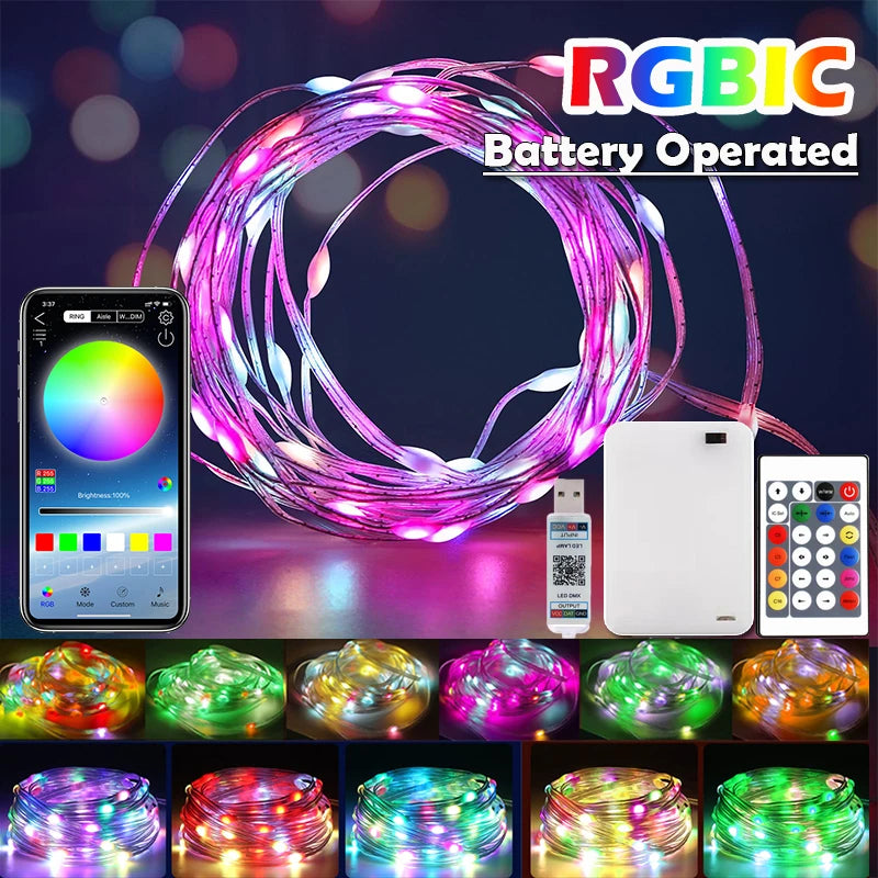 RGBIC battery-operated LED string lights with smartphone app control and remote control on a dark background.