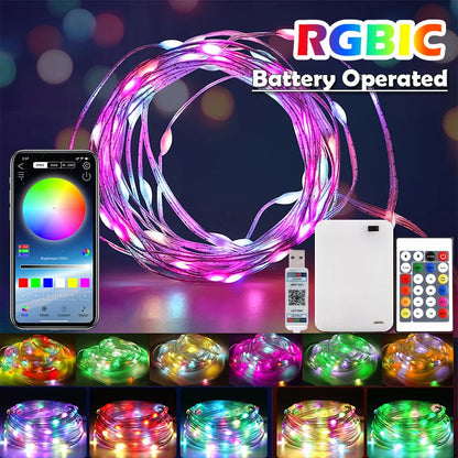 RGBIC battery-operated LED string lights with smartphone app control and remote control on a dark background.